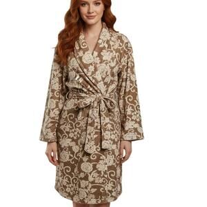 Soma Plush Robe Womens Small/Medium Gold & White Floral Belted Soft Bathrobe